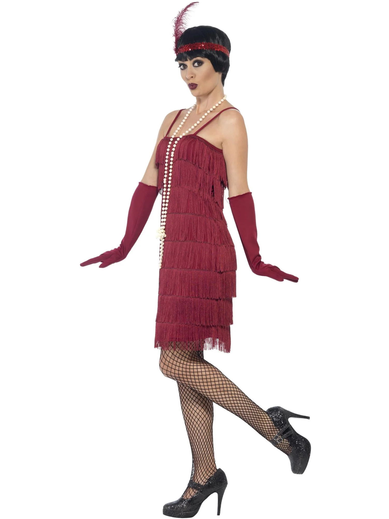 Flapper Costume, Burgundy Red, with Short Dress - Image 2