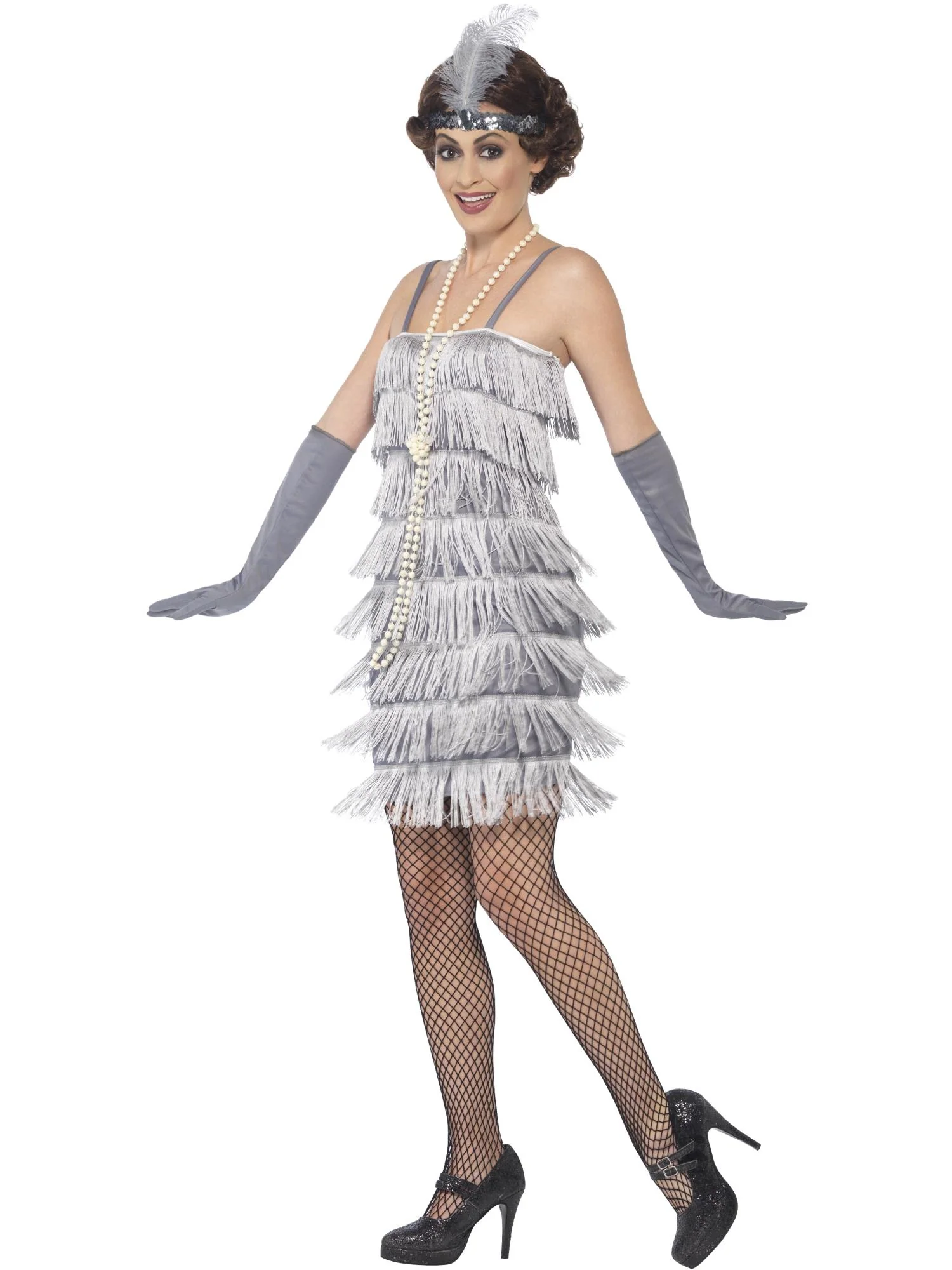 Flapper Costume, Silver, with Short Dress - Image 2